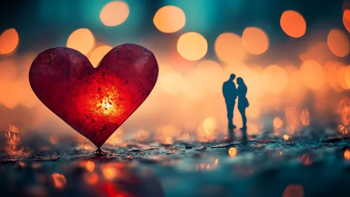 Red Heart Glowing Against Bokeh Lights and Silhouetted Couple.