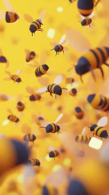 Playful cartoon bees drift through a glowing yellow sky.