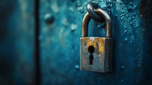 Weathered brass padlock listens quietly to a blue steel door