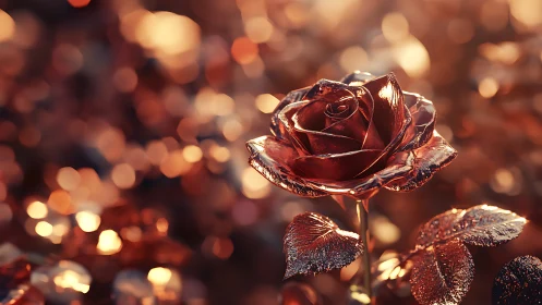 Metallic rose sculpture under warm defocused lighting.