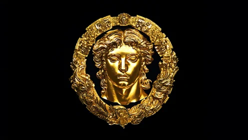 Gilded classical portrait medallion isolates on deep black field