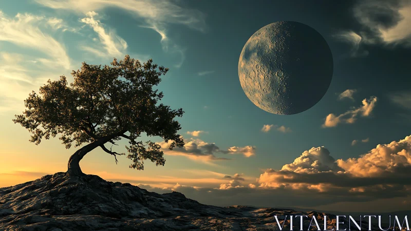 Solitary wind‑bent tree watches a colossal moonrise at dusk
