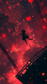 Silhouette child suspended among red lanterns in vertical city