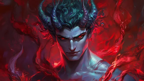 Midnight horned sorcerer wrapped in swirling crimson fire.