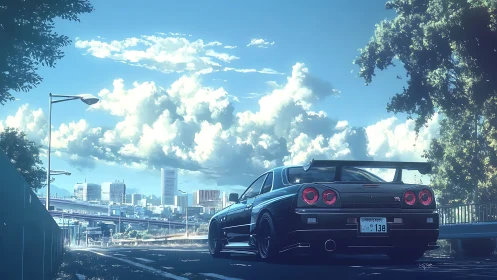 Midnight-blue skyline racer waits beneath towering clouds