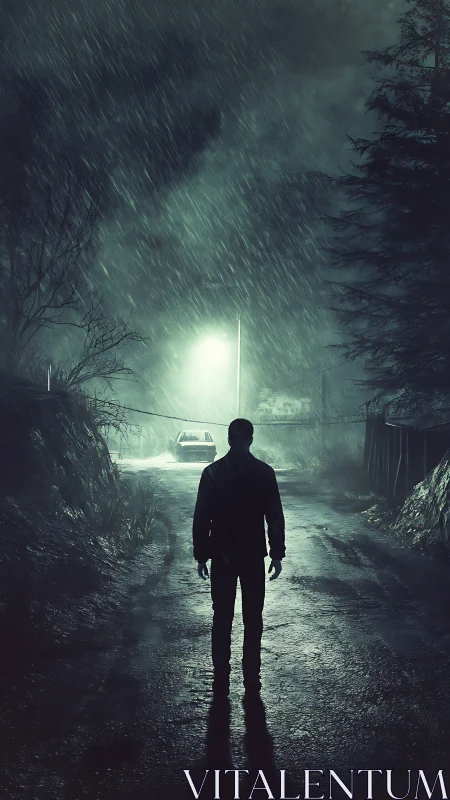 Backlit silhouette in rain-soaked nocturnal roadway environment.