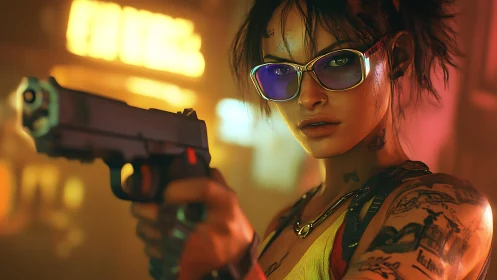 Cyberpunk woman aiming handgun in neon city interior scene.