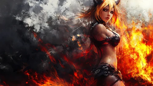 Demonic warrior portrait framed by abstract fire and smoke.