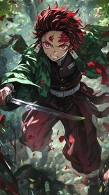 Scarlet-eyed swordsman dives through shredded forest light