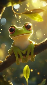 Tree frog sits on branch in backlit forest environment