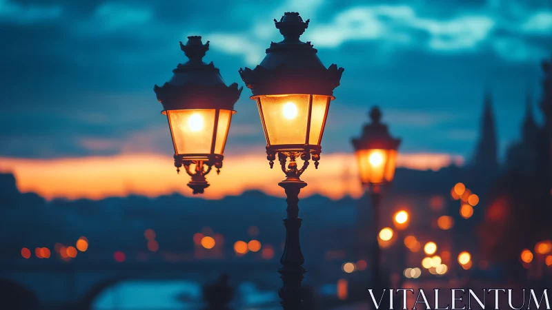 Vintage street lamps glowing over a blurred city at dusk.