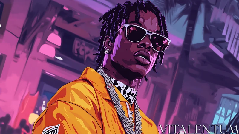 Stylized portrait of man in sunglasses and chains.