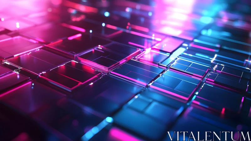 Futuristic digital grid with glowing neon blue and pink squares.