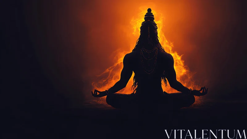 Silhouetted Shiva meditates against incandescent fiery aura