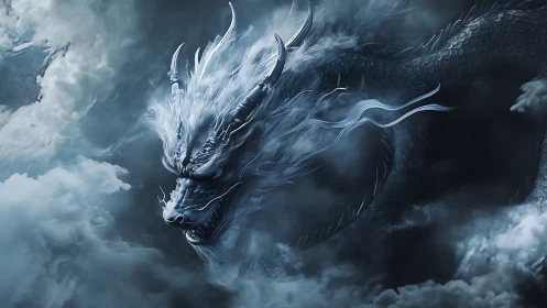 Stormlit ice dragon coils through thunderous midnight clouds