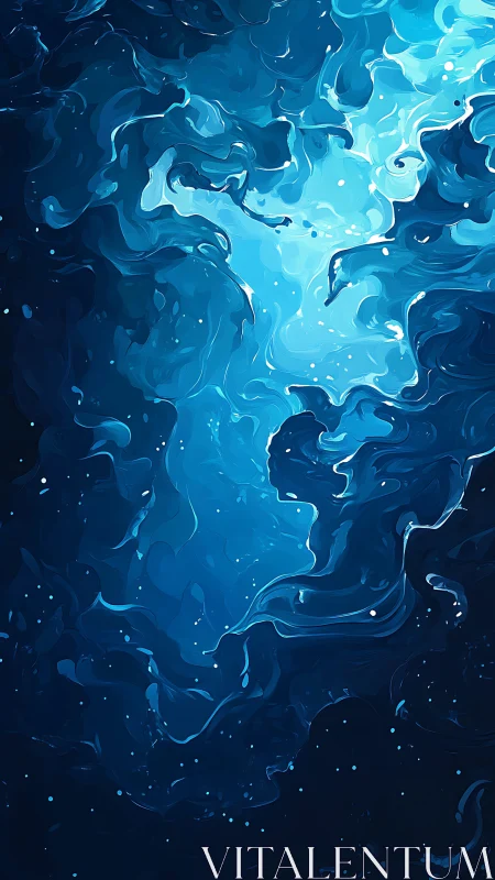 Vertical blue abstract fluid composition shows layered motion