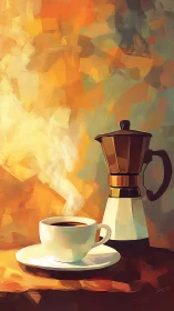 Cozy morning coffee with moka pot and sunlit colors.