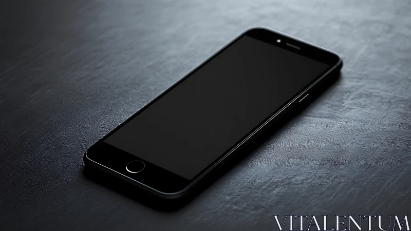 Black smartphone displaying dark screen on textured surface