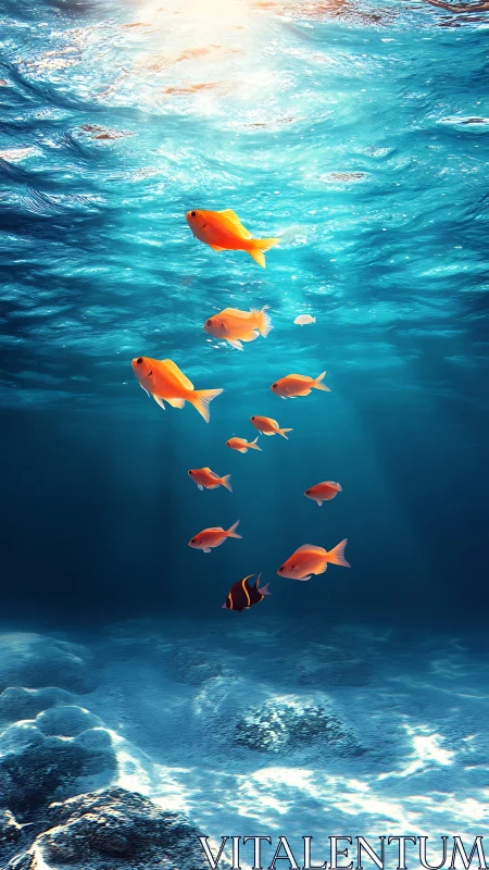 Goldfish swim in clear blue ocean under direct sunlight