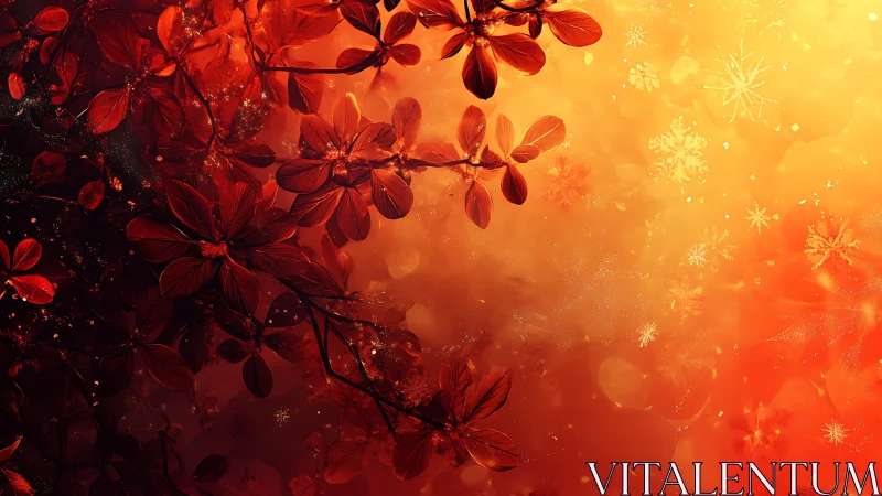 Red floral silhouettes overlap bright orange abstract light