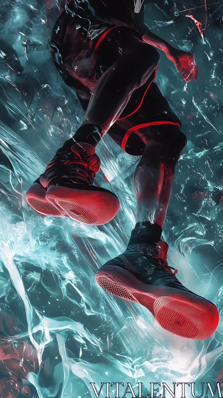 Lower body of athlete in red sneakers amid fluid forms.