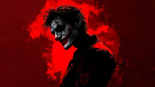 Portrait of sinister clown in high-contrast crimson chiaroscuro