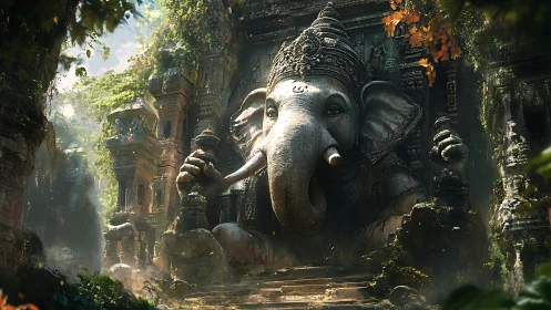 Ancient elephant deity statue amid overgrown jungle ruins.