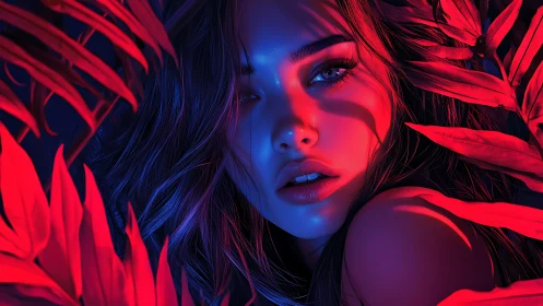 Woman in neon red and blue light framed by tropical leaves.