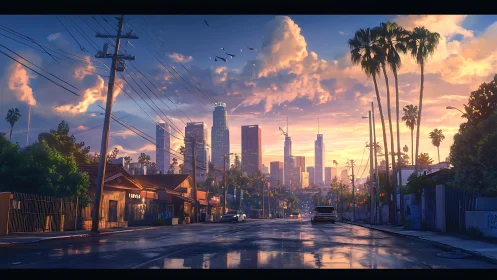 Sunlit Los Angeles street overlooks glowing downtown skyline