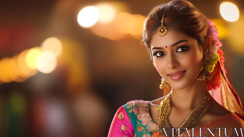Portrait of Indian woman in bridal sari, gold jewelry, bokeh lights.