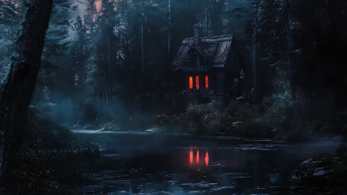 Haunted forest cabin with glowing red windows by misty lake.