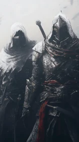 Heavily weathered armored assassins stand in diffuse arctic haze