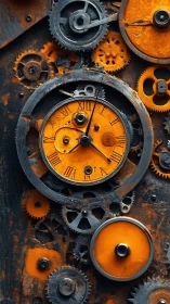 Rusty orange clockwork gears interlock in dense vertical layout