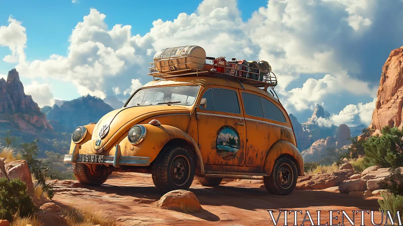 Weathered VW expedition microbus in desert canyon light.