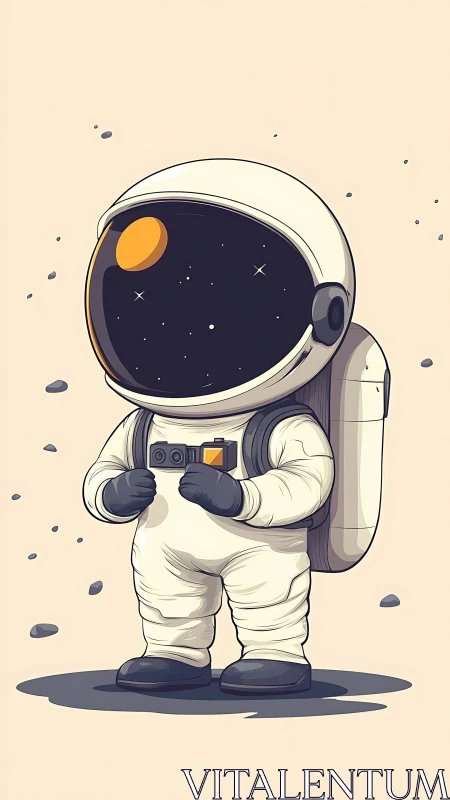 Cartoon astronaut standing on minimalist rocky surface.
