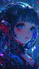 Cyberpunk girl portrait under neon rain with reflective lights
