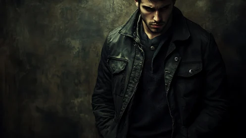 Low key portrait of brooding man in rugged field jacket.