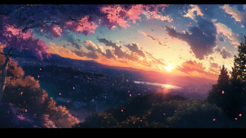 Anime city sunset framed by cherry blossom overlook.
