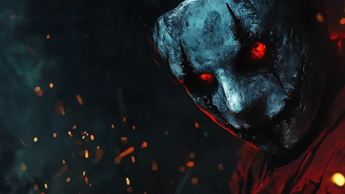 Sinister metal mask with glowing red eyes and sparks.