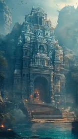 Ancient stone temple tower rises above misty turquoise water