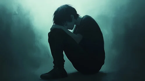 Solitary figure curled in shadowed teal environment.