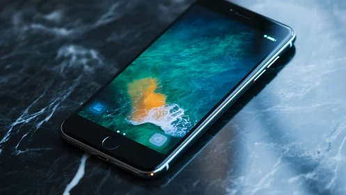 Smartphone displaying coastal water imagery on textured surface