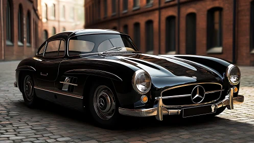 Classic black Mercedes coupe gleams on cobblestone street.