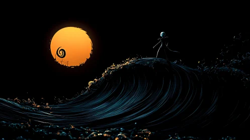 Moonlit skeletal wanderer surfing a glowing midnight wave.