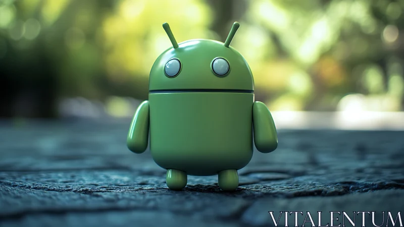 3D android mascot toy on textured stone path outdoors.