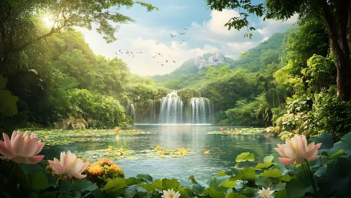 Lush waterfall lagoon glows with lilies under soft daylight.
