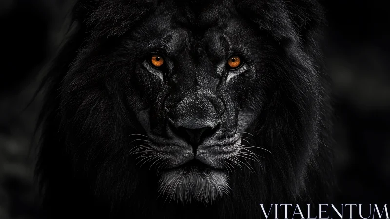 Midnight black lion gazes forward with glowing amber eyes