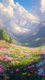 Vast alpine meadow under luminous snowcapped peaks.