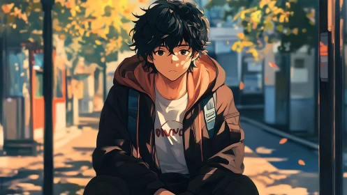 Autumn city street portrait in warm anime character lighting.