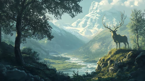 Stag overlooking a misty alpine river valley at sunrise.